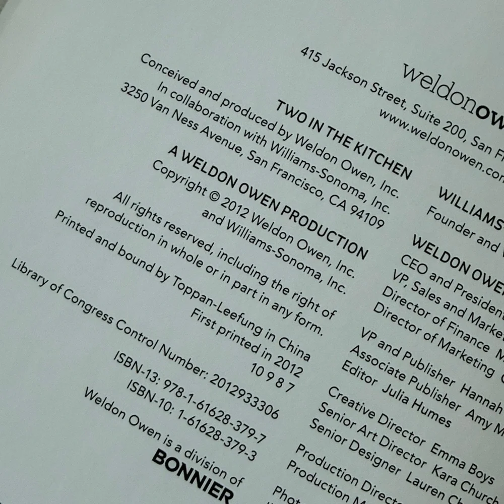 Williams Sonoma Two in the Kitchen - A Cookbook for Newlyweds - 2012